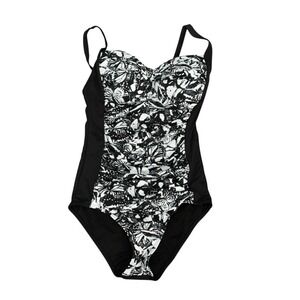 Butterfly Print One Piece Swimsuit Ruched Tummy‎ Control Black White